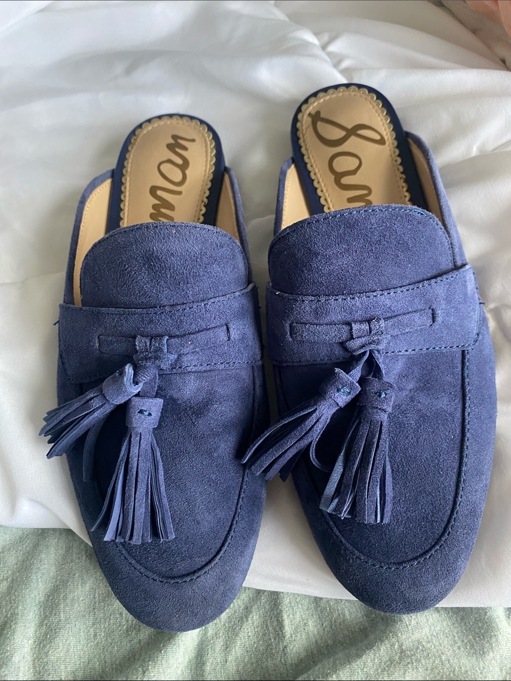 Sam Edelman Navy Suede Tassel Backless Loafers